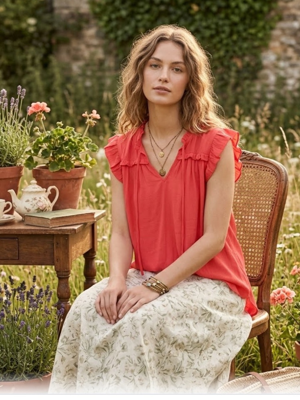 Ruffle-Sleeve V-Neck Blouse in Coral Red Cottage Core Boho Romantic Size S